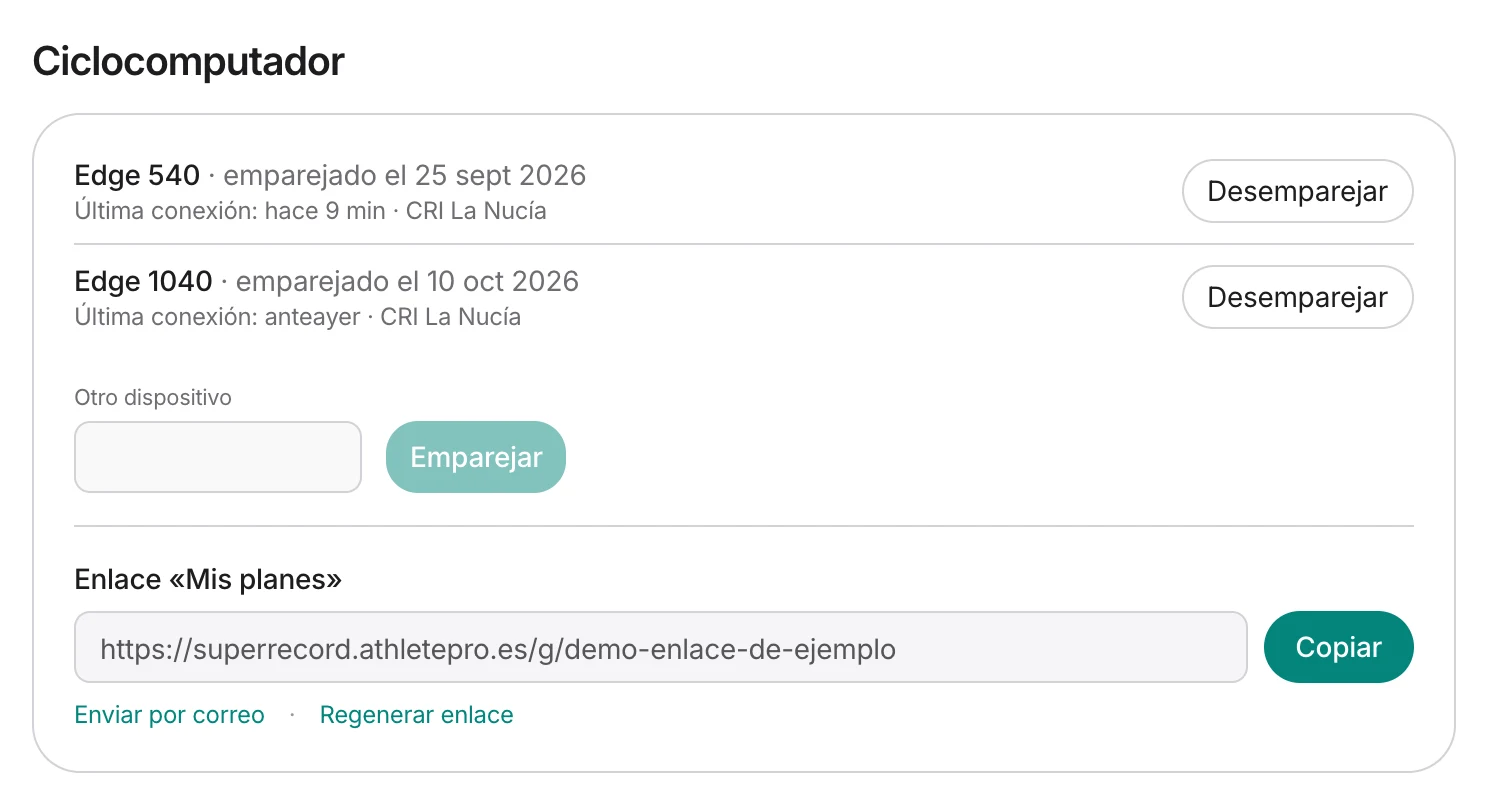 Sección Ciclocomputador de la ficha del deportista en SuperRecord