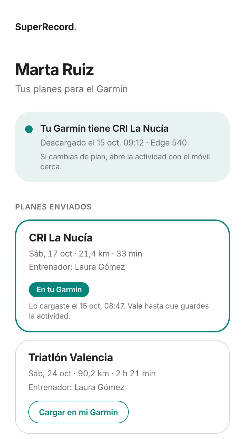 Página Mis planes del deportista con el botón Cargar en mi Garmin